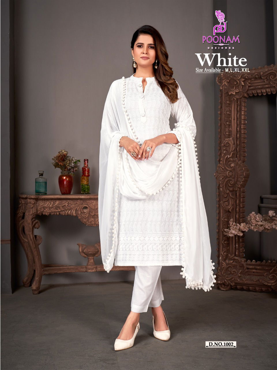 Poonam White Ethnic Wear Wholesale Designer Readymade Suit Catalog
